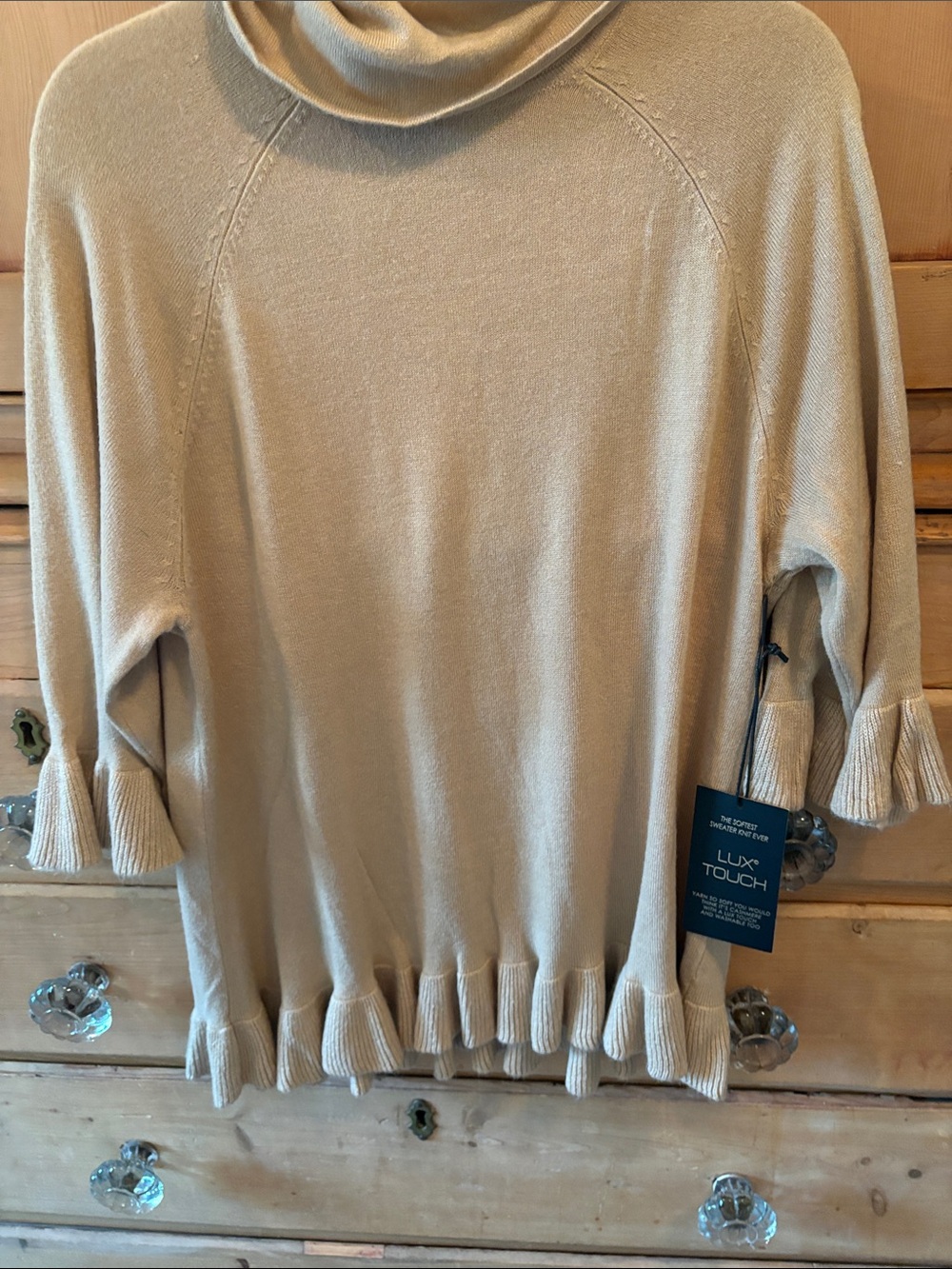 DG2 by Diane Gilman Camel Ruffle-Hem Turtleneck Sweater